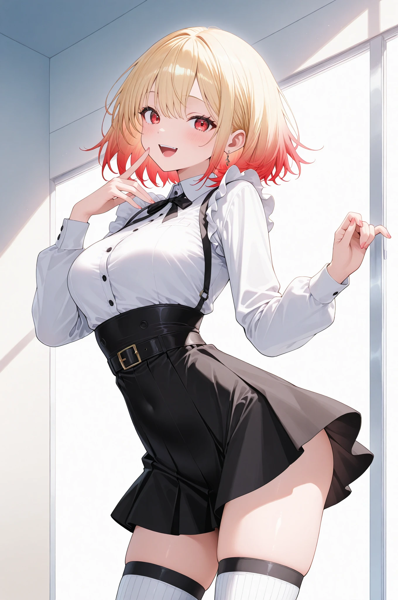 <lora:anisphia_wynn_palettia-v2:1>, (anisphia_wynn_palettia:1.2),
short hair, pink skirt, blonde hair, red cardigan, hair bow, (knife thigh strap)
(((masterpiece))),(((best quality))),(((extremely detailed)))
