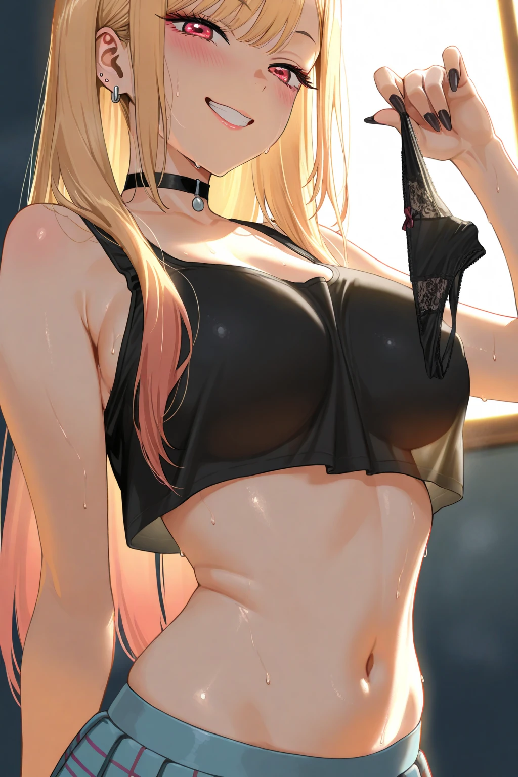 1girl, solo,underwear , large breasts, lips, looking at viewer,blondehair, long hair,yellow eyes, perfect eyes, perfect body, cowboy shot,3:4,slim waist, garden background, fair skin, looking at viewer, from below, smile, 8k resolution, earrings, hime haircut, cleavage, big forehead, sexy underwear, laced bra, arms behind back, wet pussy, mature female 