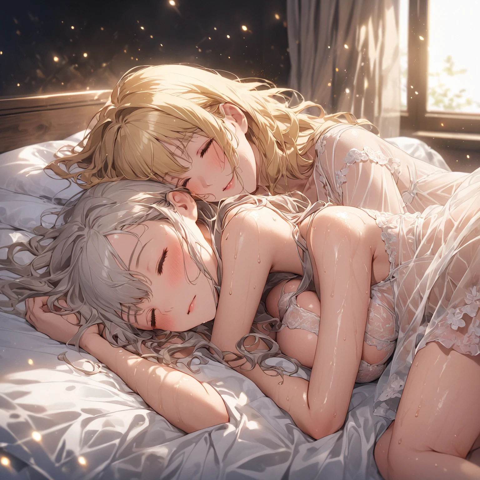 1 girl, kei Karuizawa, blonde, long ponyt,,ail, violet eyes, bangs, white transparant nightgown, sleeping, sleeping in bed, breast, pans, white panty, transparant dress, nightgown, bra, medium breast, pink nude