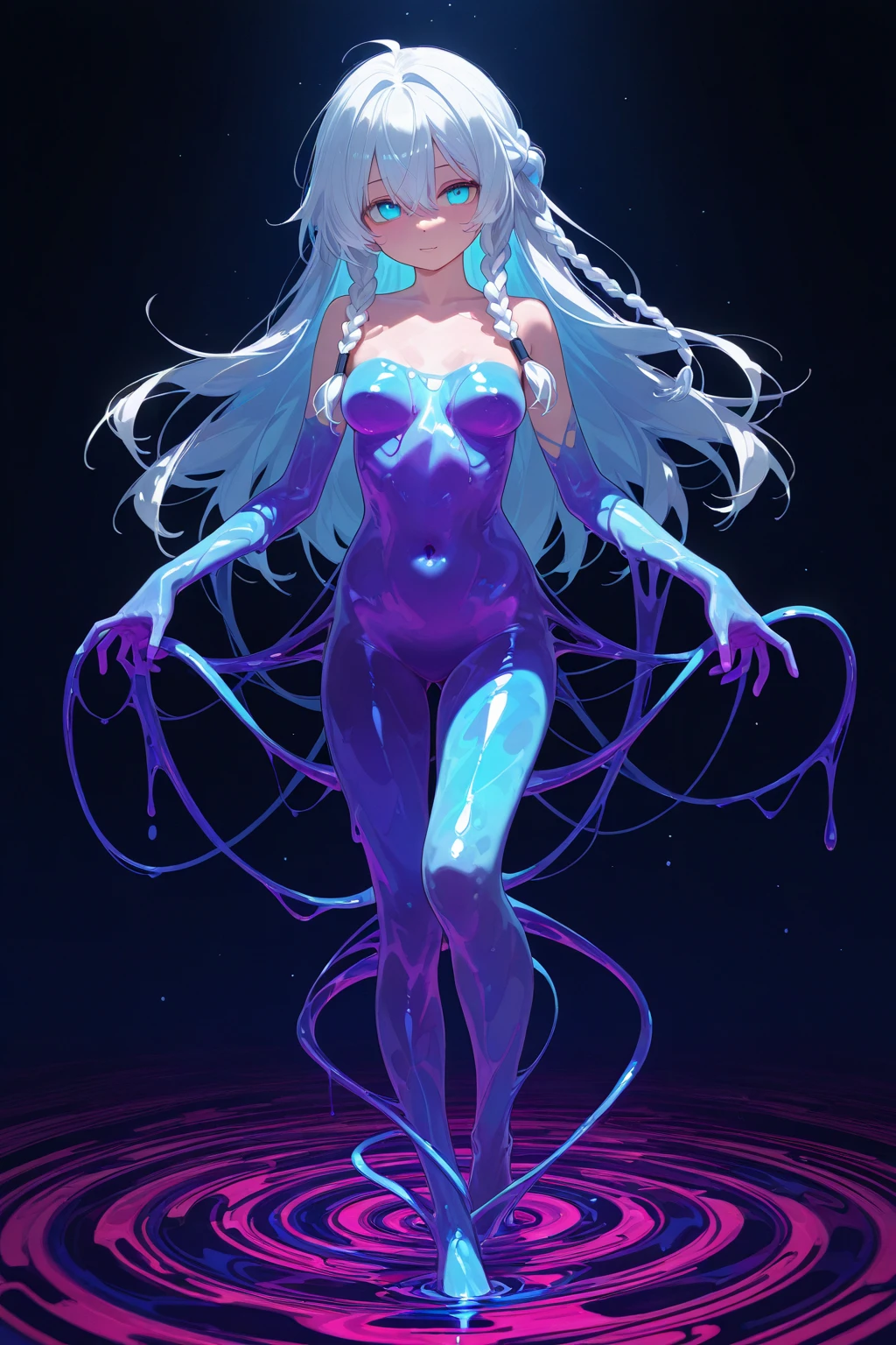 drawing of a cute young woman, long flowing hair, transparent bioluminescent glowing body, on a deep dark background, Glassmorphisom, 32k por AiLove, uncanny