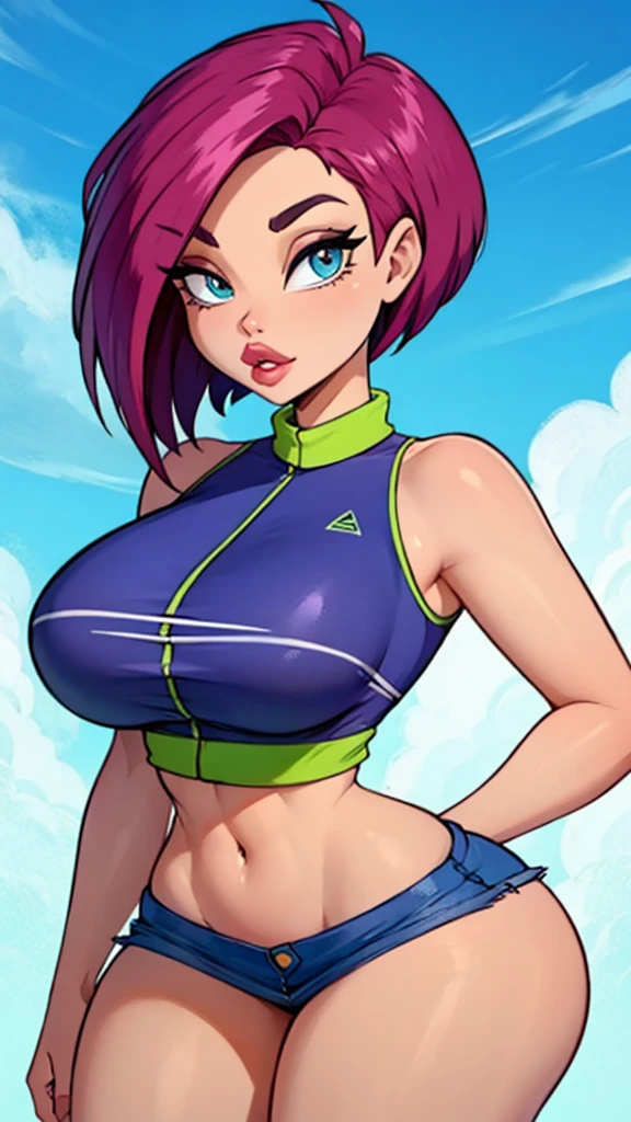 woman, 1girl, solo, breasts, thighs, neon palette, <lora:neon_palette_offset:1>, cleavage, sports bra, detailed face, colorful clothing, park, sky, trees, pawg, <lora:fitnessBabes-fC-v1.0a:1>