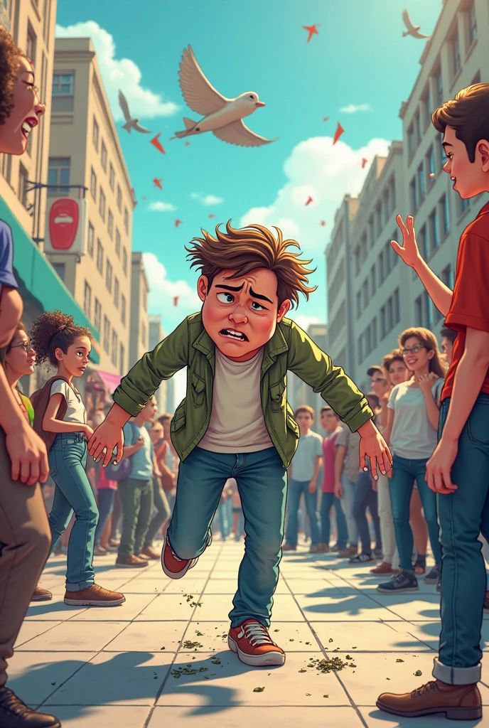 ((1boy, solo focus, male focus,)) detailed, realistic, bishounen,((standing)), 16 years old, blue jeans, long pants, green hoodie, brown hair, bangs, short hair, green eyes, looking down, eyes wide open, shocked expression, crying, blushing, city park background, best quality, amazing quality, best aesthetic, absurdres, year 2023,((wetting self, pee stains, puddle)), blushing, screaming in fear, seen from below, ((crotch focus, penis bulge)), (((hands on head, full body))), surrounded by female bystanders