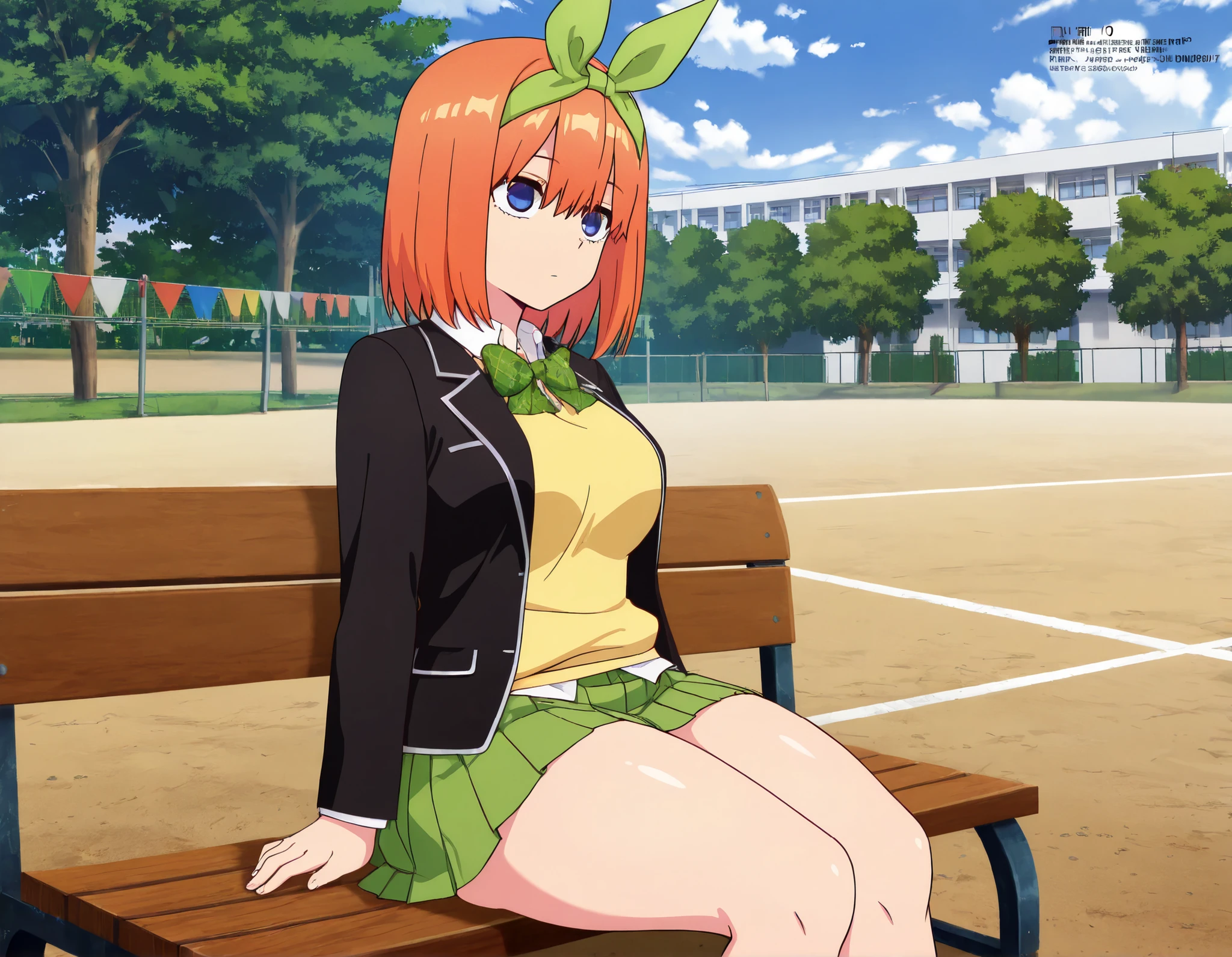 masterpiece,highest quality,amazing quality,unwellness expressionless y0tsuba, large breasts, orange hair, blue eyes, short hair, hair between eyes, green bow hairband, black blazer, open blazer, yellow sweater vest, white collared shirt, bowtie, plaid bowtie, green skirt, pleated skirt,thick thighs,sitting in bench,koutei, scenery, outdoors, sky, cloud, blue sky, building, tree, day, fence, sports festival,score_9, score_8_up, score_7_up, rating_safe, masterpiece, best quality, absurdres, unity 8k wallpaper, official art, official style, source_anime, uncensored, game cg, megami magazine,