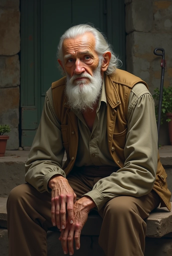 Mr. John is an elderly man in his late 70s, with a frail, thin frame. His face is weathered from years of hardship, with deep lines etched into his skin. He wears tattered clothes—an old jacket with holes, thin pants, and worn-out shoes. His beard is scruffy, and his hair is unkempt, showing the signs of living a difficult life on the streets. Mr. John outside his gate sleep on the ground