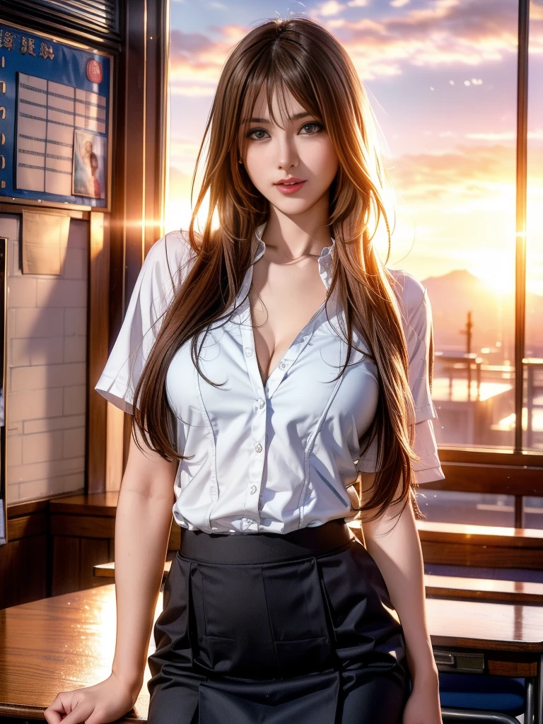 Ultimate beauty woman, (school teacher outfit:1.3, Slightly open shirt, summer clothing), (realistic photo:1.37), high definition RAW photograph, 8k wallpaper, highly detailed beautiful girl, very beautiful face, Perfect Face, Highly detailed CG, (super beautiful eyes:1.2), Natural backlighting, (lens flare:1.2), HDR, Realistic Skin, (beautiful evening sunset:1.3), ((evening sunset outside the window:1.4, sunset through window:1.2)), 
BREAK. From inside the classroom, (Leaning against the window:1.3), super cute, (ultra Shiny straight hair:1.3), Swept long bangs, amber hair, Slightly slimmer body, small breasts, pale skin, pointed breast, smooth skin, seductive eyes, detailed iris, awesome solo, sexy thighs, 
BREAK. (Best Quality, high quality texture, Detailed texture, masterpiece:1.27, presence, Cleavage), Depth of written boundary, Skirts and thighs, Romantic Landscape, Accurate limbs, sensual, looking at the viewer, Earrings, Leaning back, 