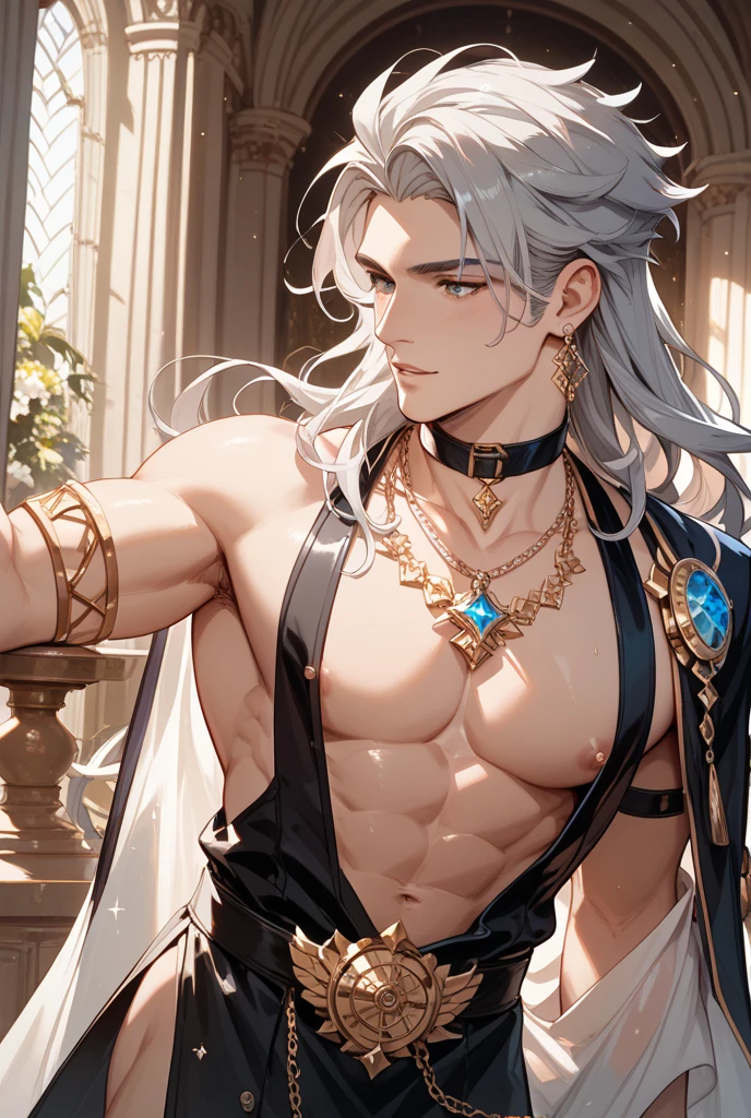 8k, sophisticated, elegant, highly detailed, majestic, digital photography, surreal painting, magic, magic, fairy tale, (Masterpiece, side light), hdr, (Bright blue eyes), Naked upper body, (shiny tattoo), Handsome adult man, long beautiful straight platinum hair below the shoulders, a long neck. athletic body, beautiful proportioned male figure, tanned skin, Handsome, in front of the camera - just a masterpiece. realistic. a full-length image. Long hair below the shoulders. grey clothes. He holds a large silver sword in his hands. a well-proportioned male body.