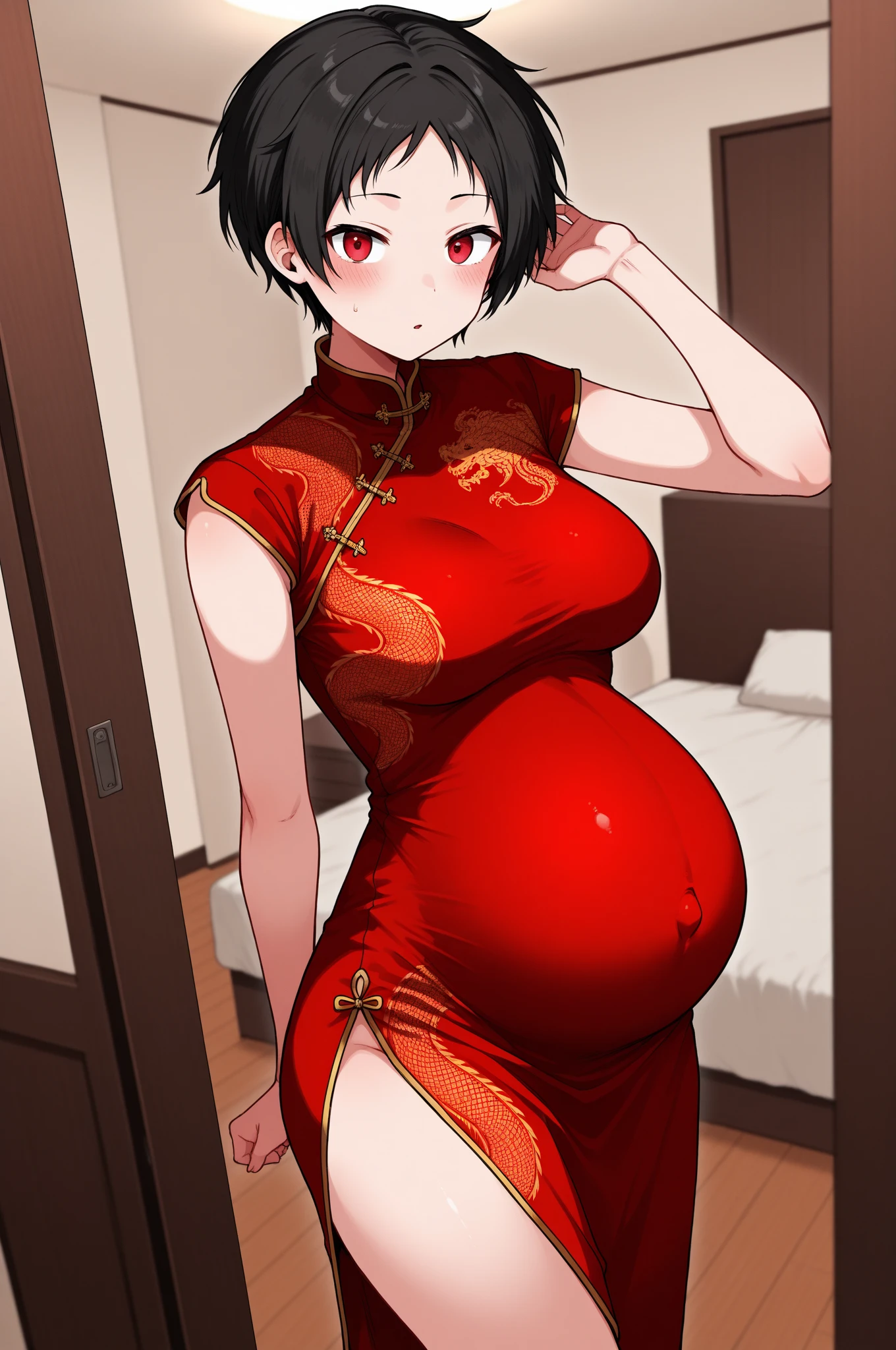 Highest quality、highest quality、Highest Resolution、beautiful pregnant girl, Bright red hair,Short Hair、Big Breasts、Hair clip, Detailed purple eyes, ((Red cheongsam like underwear:1.4)),Firm breasts,Gold Necklace、Golden earrings、In close range, In her third trimester of pregnancy