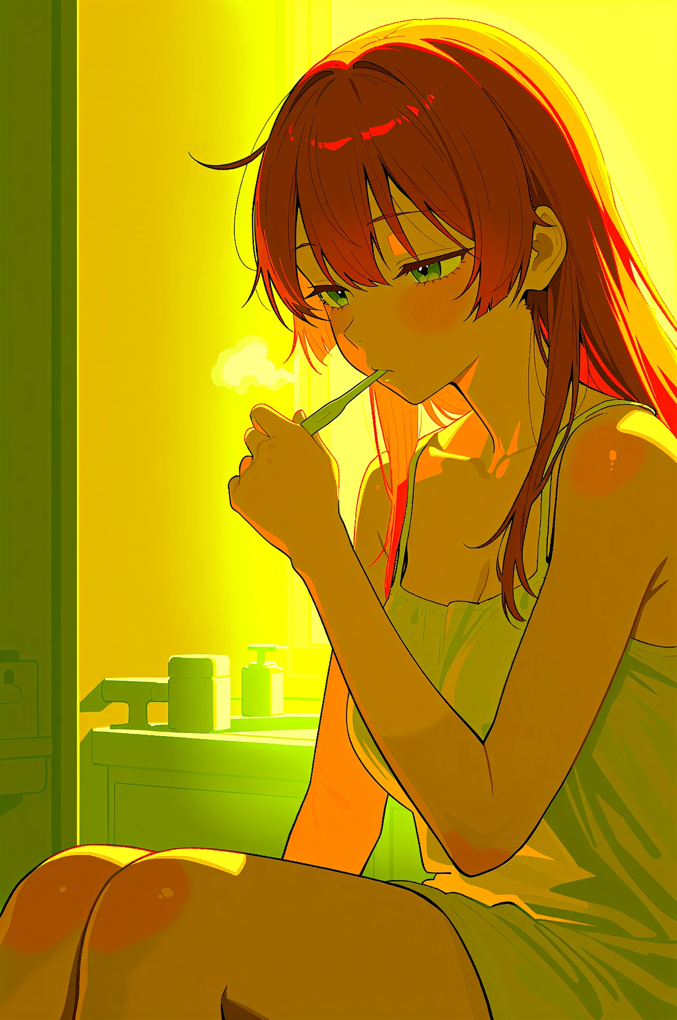 A young woman with Red hair, blue eyes, a T-shirt stood with her back turned half-face smoking a cigarette in his room at night.
