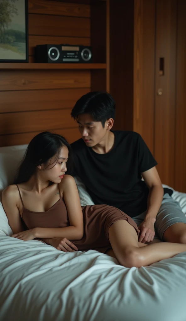 a full body short of 22 year old girl and 23 year boy are watching TV and both sitting in bed,1girl with classy party wear one piece dresses knee length,1 boy wearing Black tshirt and pants , , c cup breast medium size , black straight hair hairstyle, Ilford, Romantic , Shot from back, Shot by Blackmagic Pocket, Cinema Camera 6K Pro with Sigma 18-35mm f/1.8 DC HSM Art Lens, beautifully lit, high resolution, clear tones, goldan ratio cinematic composition ,cinematic lighting, 4k, elite, luxury, micro detalls, bokeh, elegant, cinematic, photorealistic, Hair light, bathroom, Photography by Richard Avedon