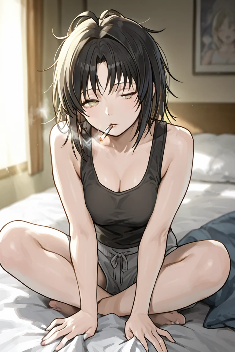 anime woman with a cigarette in front of a messy living room, adult female, short blond hair, black highlights in hair, pink eyes, messy blond hair, baggy clothing, disheveled, depressed, annoyed, perfect anatomy, best hands, perfect hands, best fingers, perfect fingers, beautiful detail, best detail, perfect detail, amazing detail, high detail, high quality, perfect quality, best quality
