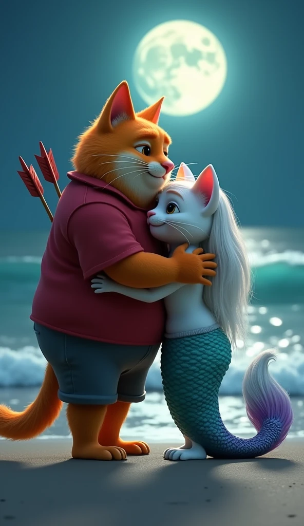 a cat dressed in a white shirt and brown pants holds a small, unconscious mermaid with a turquoise tail in his arms on a beach. The mermaid has an arrow embedded in her side, with blood visible. The ocean and shoreline are blurred in the background, creating a touching yet somber scene. The cat's expression is one of concern and sadness. cinematic style, hyperrealistic, high quality, ultra realistic, high quality portrait, Cinematic Background,
