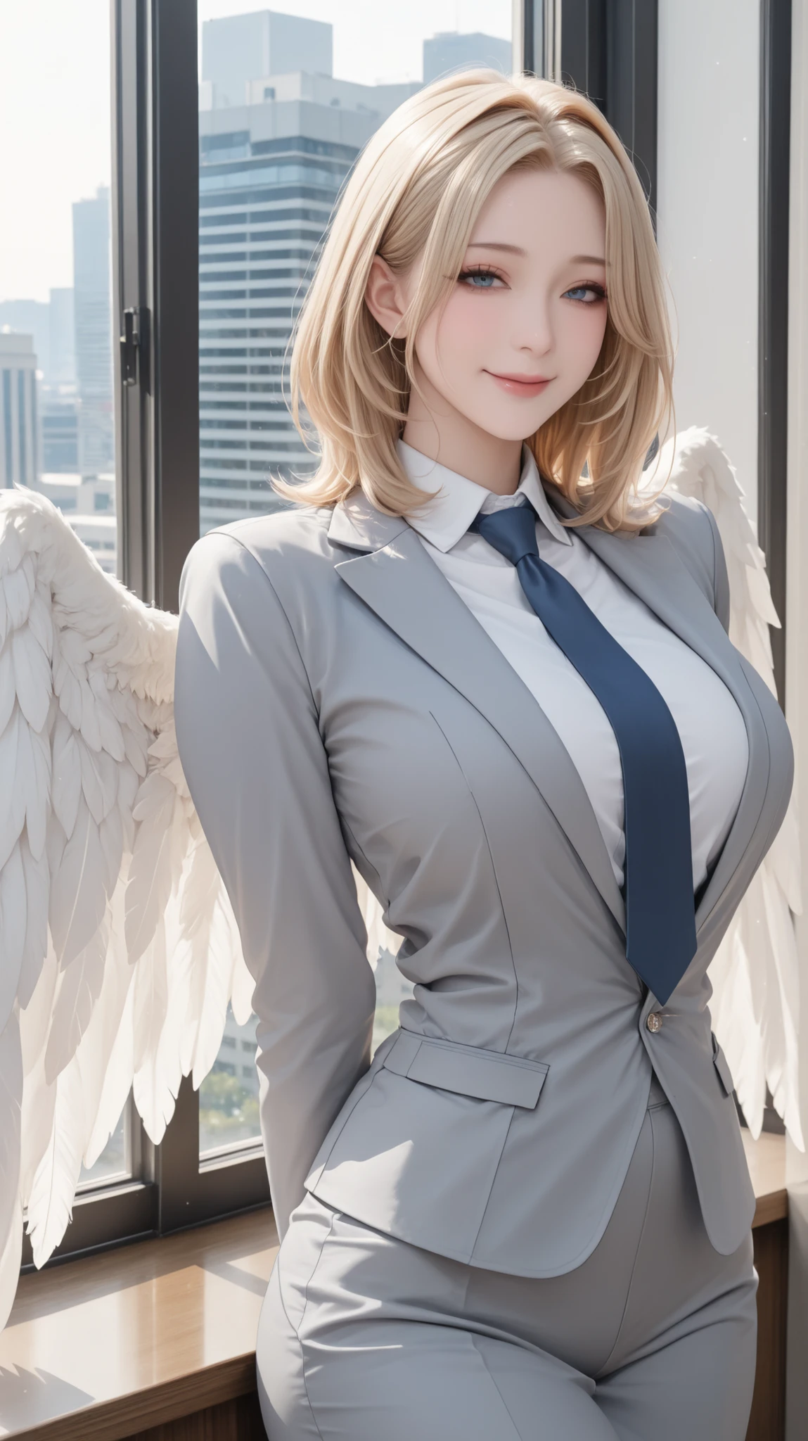 SOLO,A Mature female(Angel),Slim body,Blue eyes,(Blond hair,hair intakes, medium hair, parted bangs),Wearing a Grey Office Uniform with blue tie,((Angel Hola)),Angel Wings,In Office,beside the window,(Arms behind Back),Seductive smile,Indoors,Sunshine,UHD, masterpiece, anatomically correct, super detail, best quality, highres, 16k, 1080P,Cowboy shot,(((Look at the viewer)))