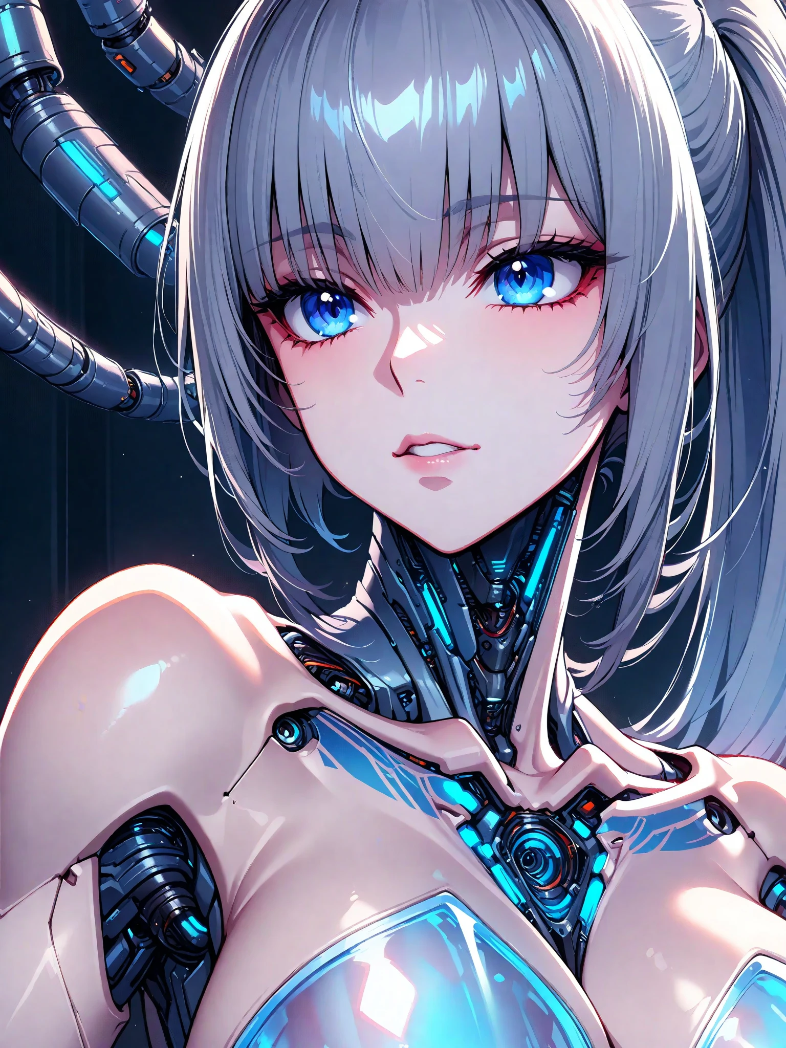 (((Masterpiece)))), (((highest quality)))), ((Ultra Definition)), (Very Detailed Photoreality), (((Very Delicate and Beautiful)), (Delicate and Pretty Face), Cinematic Light, (((1 Machine Girl)), Solo, Full Body, Big, Cleavage Is Visible Skin, White Hair, Purple Eyes, Luminous Eyes, (Mechanical Joint: 1.4), (Mechanical limbs)), (Blood vessels connected to tubes), (( Mechanical vertebrae attached to the back)), ((Cervical vertebrae of the machine) attached to the neck)), (((sitting)), expressionless, (wires and cables attached to the head and body: 1.5), (character focus), small LED lamps on the body, Evangelion, SF, metallic body, detailed neon