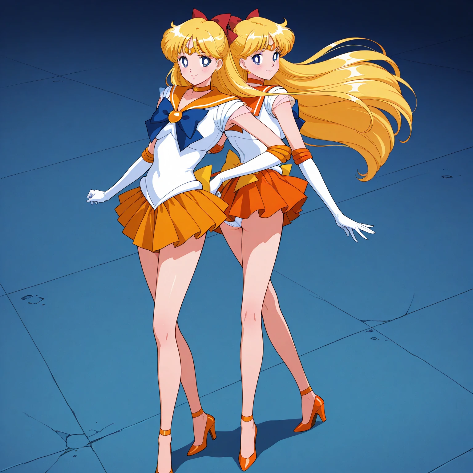 2girls, adapted_costume, aino_minako, back_bow, black_hair, blonde_hair, blue_sailor_collar, bow, brooch, choker, circlet, crescent, earrings, elbow_gloves, gloves, green_sailor_collar, hair_bow, half_updo, hand_on_hip, hino_rei, jewelry, long_hair, magical_girl, multiple_girls, ofuda, orange_choker, orange_sailor_collar, orange_skirt, purple_eyes, red_bow, red_choker, red_sailor_collar, sailor_collar, sailor_mars, sailor_senshi, sailor_senshi_uniform, sailor_venus, star_choker, star_earrings, strappy_heels, stud_earrings, tiara, twintails, underwear_only, white_gloves, yellow_bow
<lora:Sailor_Mars_hino_rei-01:0.6> Sailor Mars
<lora:Sailor_Moon_Lingerie-01:0.6> sailor moon lingerie
<lora:sailorVenusSailor_v10:0.6>