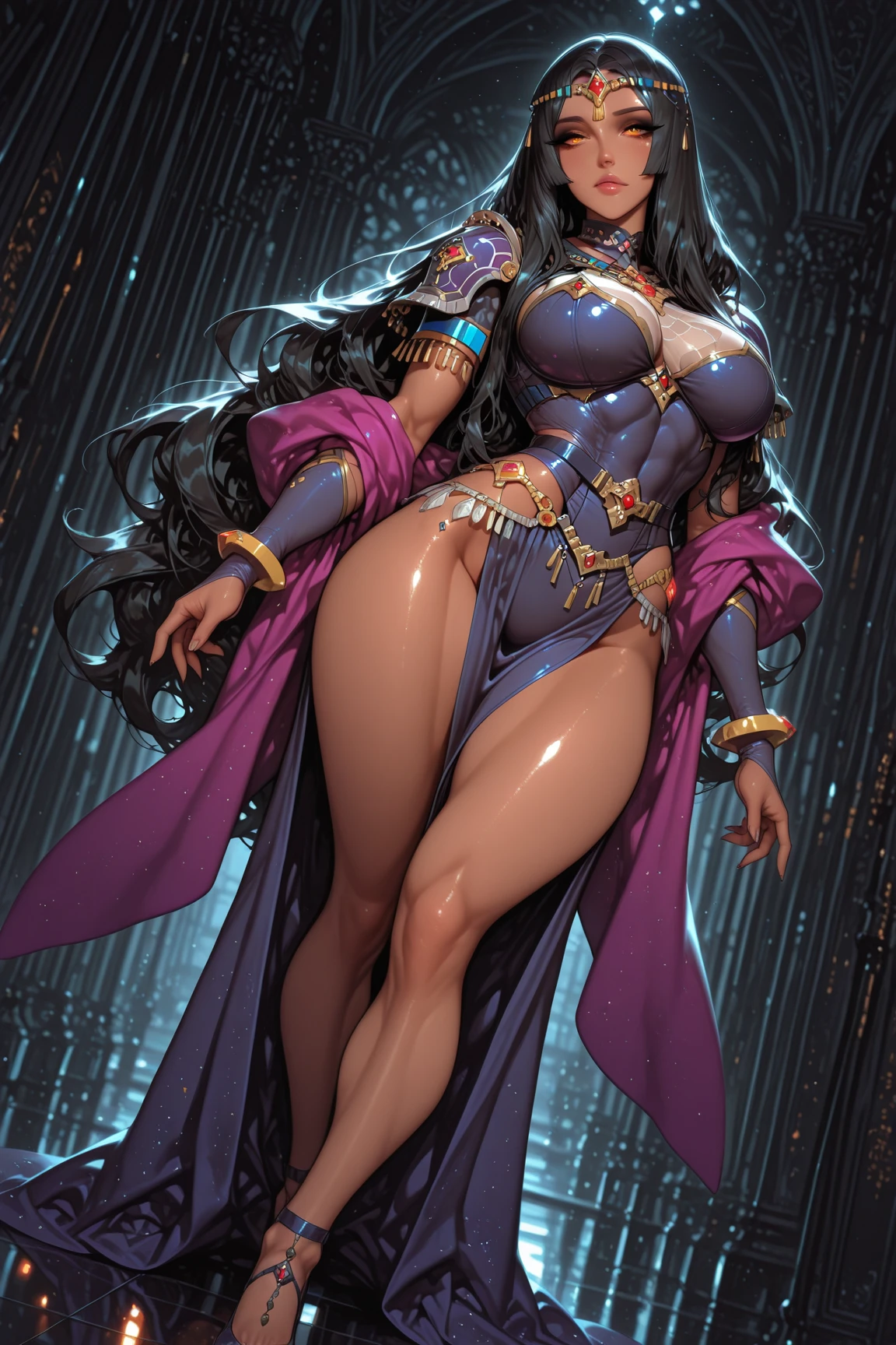 wizard sheridan, ((sheridan love)), ((sensual body, Take-up, thick, beautiful, hourglass illustration, big breasts, huge boobs, big ass)). (dark raven hair, length, wavy), (purple eyes, pale alabaster skin, tattoo), ((enchantress, magician)), ((camel toe)), (Detailed and thick), ((perfect woman image)), (big breasts), Chubby, thick waist, soft belly. (cute), ((magical aura))
masterpiece, highest quality, ((realistic)), ((1 person)), 8K quality, 非常に繊細でbeautiful, Official art with attention to detail, very detailed, digital art, hyper details, top fade, dark fantasy. (beautiful detailed eyes, beautiful detailed lips, very detailed目と顔, length eyelashes), (sensual curves, sexy pose,  feeling, explicit pose), (thigh gap, camel toe, pubic hair, vulva)
Create a captivating visual representation of wizard sheridan with a Take-up, voluptuous physique that accentuates her hourglass illustration. Emphasizes plump H-cup breasts and bulge, prominent butt cheeks, Maintain an attractive and confident aura. she has a magical presence, Her body  decorated with a unique blend of abstract and realistic designs. her hair cascades in black raven waves..