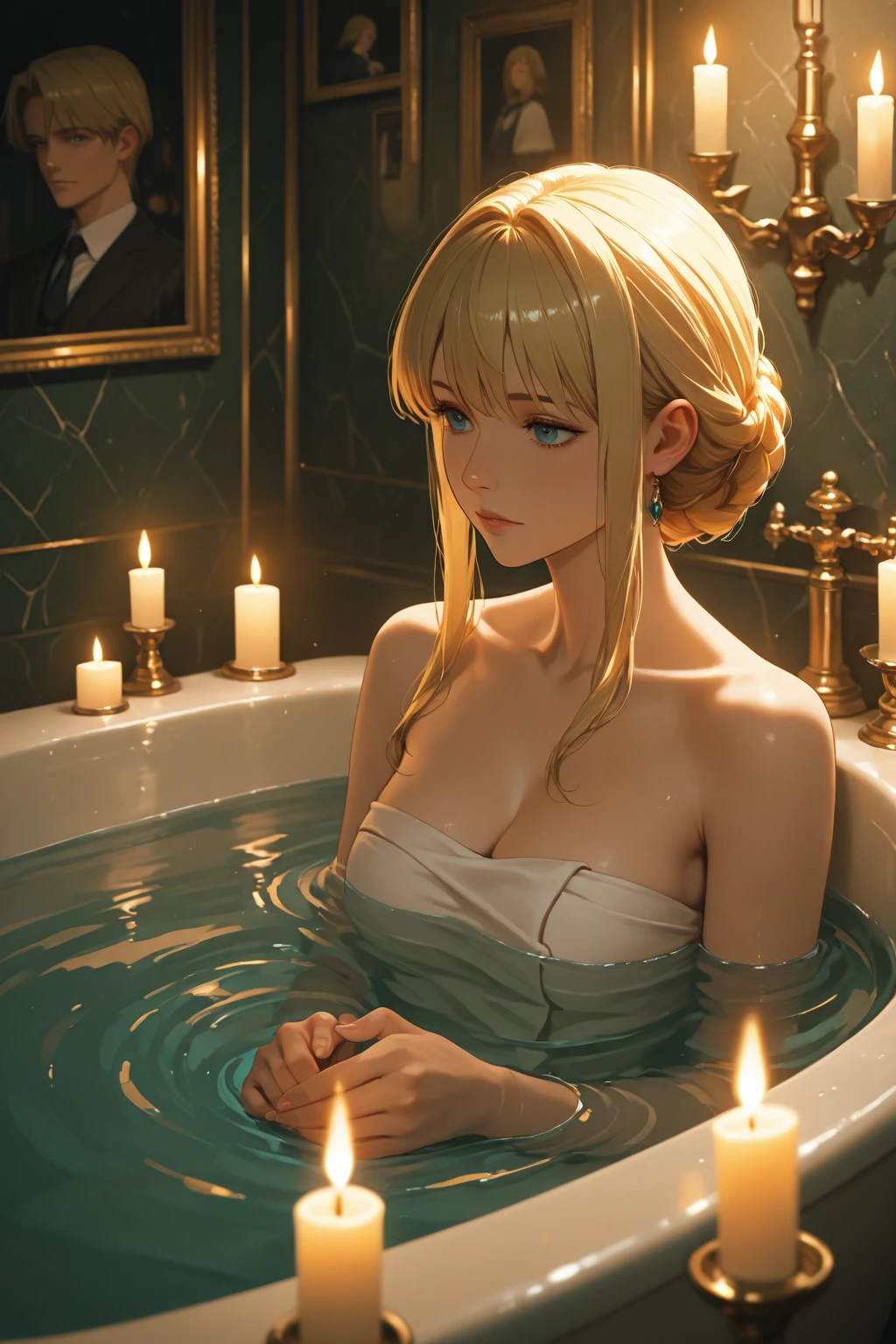 (nsfw), ((1girl)), ((masterpiece)), realistic, ((highly detailed:1.3)), beautiful princess bathing in a marble tub, ((very long blonde hair)), wet hair, wearing a sheer bathrobe, clothed bathing, ivorygoldai, royal palace bathroom setting, steam, ornate marble tub, (rose petals floating in water:1.3), early morning light, windows, crepuscular lighting, dynamic pose, dynamic angle