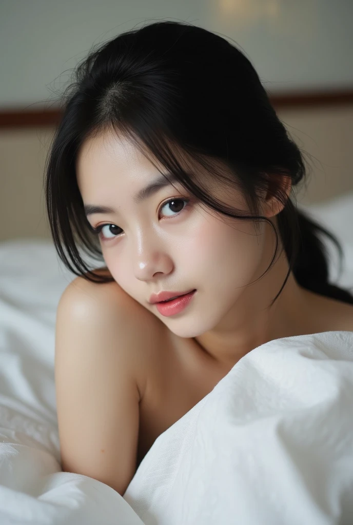 1 woman, 8k, RAW photo, (top quality, masterpiece, intricate detail: 1.4), (realistic, photorealistic: 1.3), (realistic: 1.3), photorealistic, ((woman lying in bed: 1.8)), (beauty like an actress in Japan), ((light lingerie)), (pale colored lingerie), (sweat-soaked and transparent lingerie), Lingerie wet with sweat and sticking to the skin, (wet hair), (wet bangs), wet skin, (nipple protrusion showing through), (detailed, (detailed, 18 years old, (small face: 1.5), (sensual expression), light makeup, thin eyebrows, detailed and beautiful face, detailed eyes, (tear bags: 1.5), detailed fingers, detailed legs, detailed skin, medium breasts, shiny hair, shiny skin