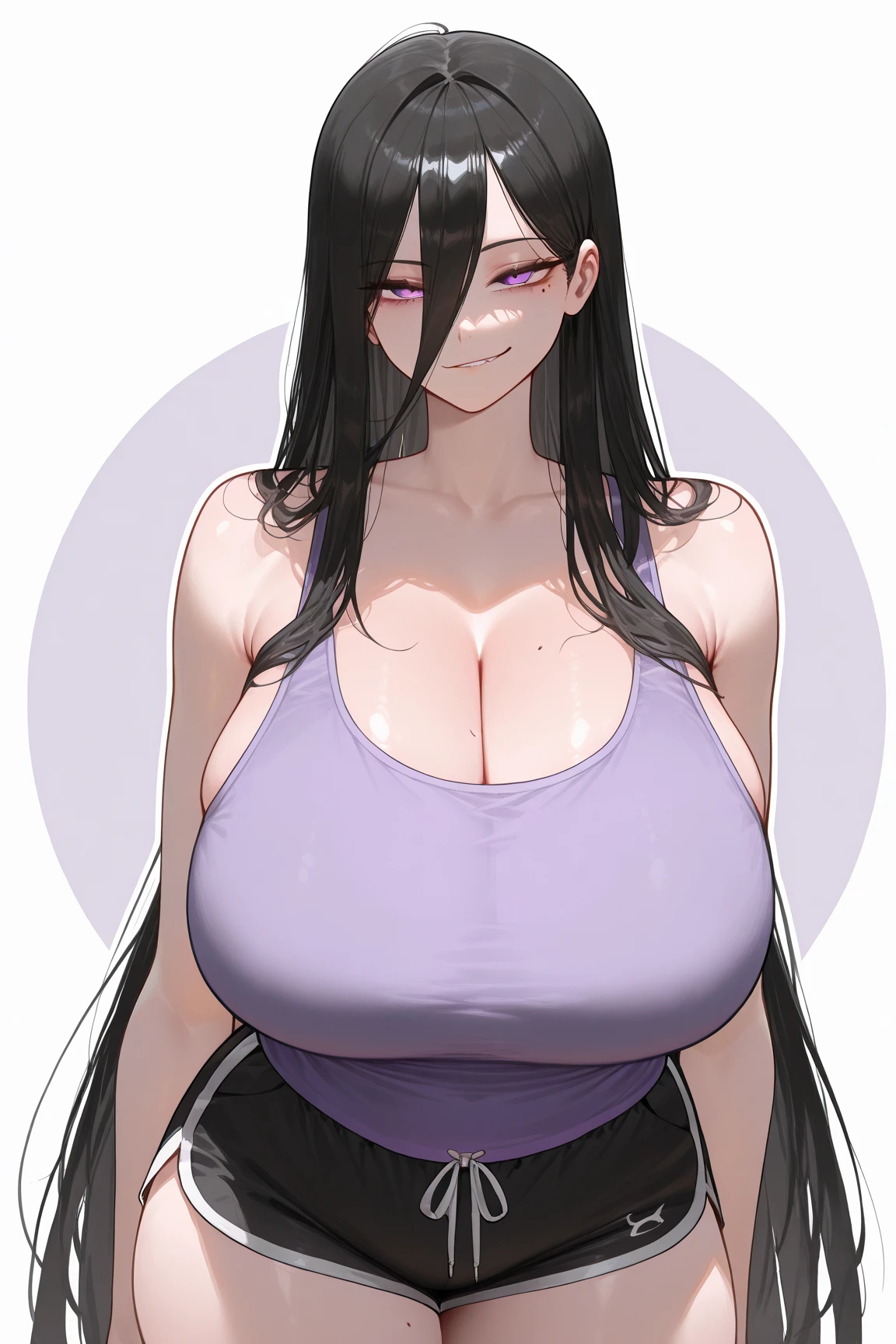 1 milf, purple and slightly black hair, wearing a black tank top, cynical look, angry face, white background, erotic, full body