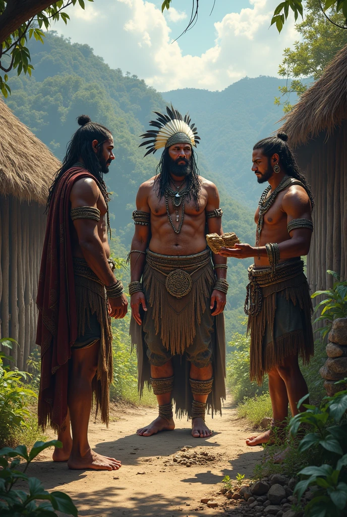 Taíno indigenous men with tailcoats and spears prepared for a battle HD in color, con colores vivos. and a film shot.
