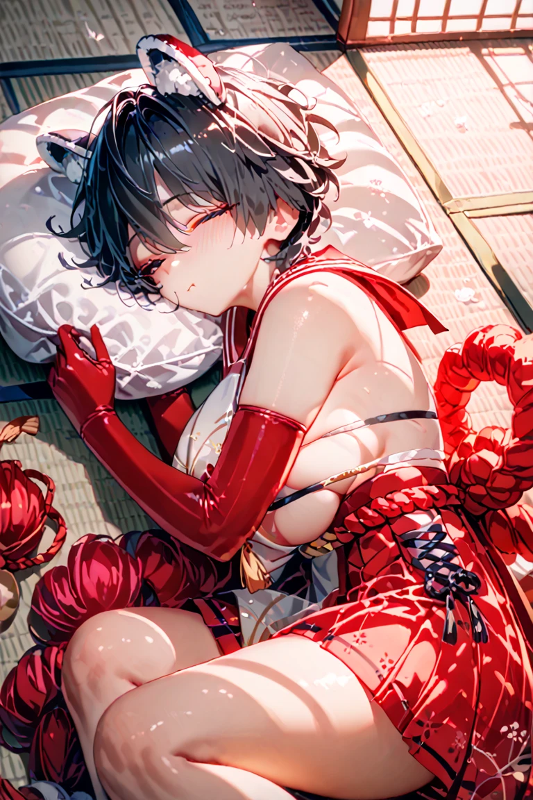 (Fox Girl, Fox Ears, Black colored hair, Fox Makeup, One Girl, Long Hair:1.6), (kimono, Kimono with open chest, A beautiful kimono with red and black patterns, I can see her cleavage, Open chest, Exposed skin:1.8), (Body size is 100-70-90!, Nice body, Big Breasts, Soft breasts, Emphasize cleavage, Knees are slightly visible, Muscular, Abdominal muscles, Grab your own chest:1.9), Avatar, face, lewd face, Dominant representation, naughty face, Uplifting, Skin Texture, outside, Grassy field