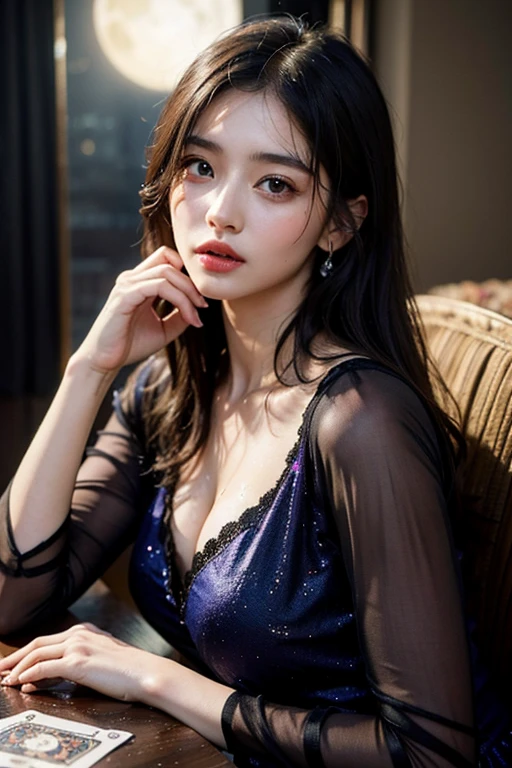 (On the veranda of a traditional Japanese house), masterpiece, light makeup, red lips, beautiful hair, (Medium hair:1.3), elegant, Very fine details, masterworks, authentic texture, cinematic lighting realism, perfect work, 16k, high resolution, exquisite features, brown eyes, (Ultra-high resolution eye:1.1), Japanese idol, beautiful face, (gentle smile like a goddess), attractive, well-shaped breasts, beautiful cleavage, shiny skin, ((Navy camisole dress decorated with fine lace:1.3)), break, bright big eyes, smooth skin, earrings, necklace, standing position, (ground level shot:1.2), (sitting on the veranda corridor), ((A beautiful girl watching multiple fireworks twinkling in the night sky from the veranda)), ((A collaboration of large fireworks and smaller fireworks that light up the surrounding area))