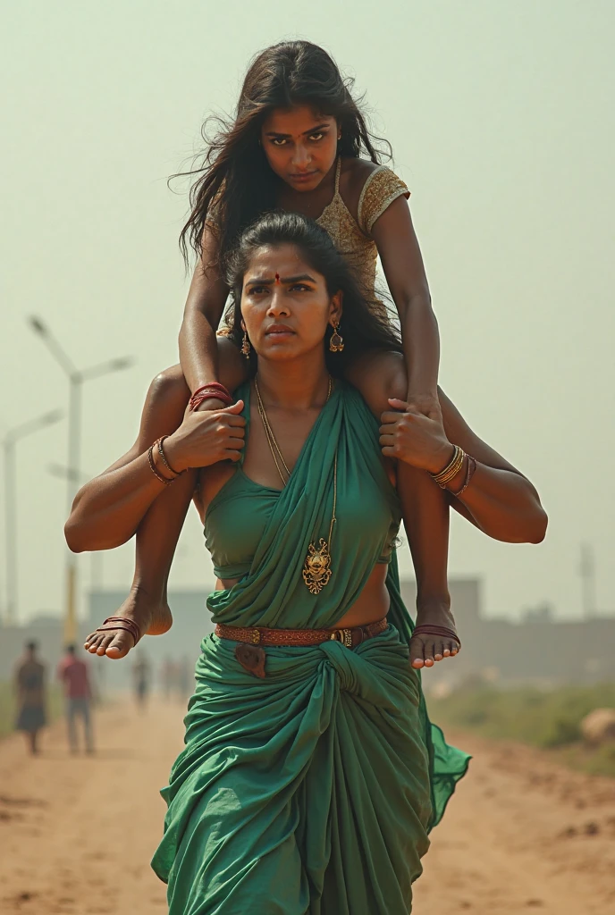 Beautiful Typical indian village ragpicker young woman carrying a large man on her head, man is sitting on her shoulders, nearby a river