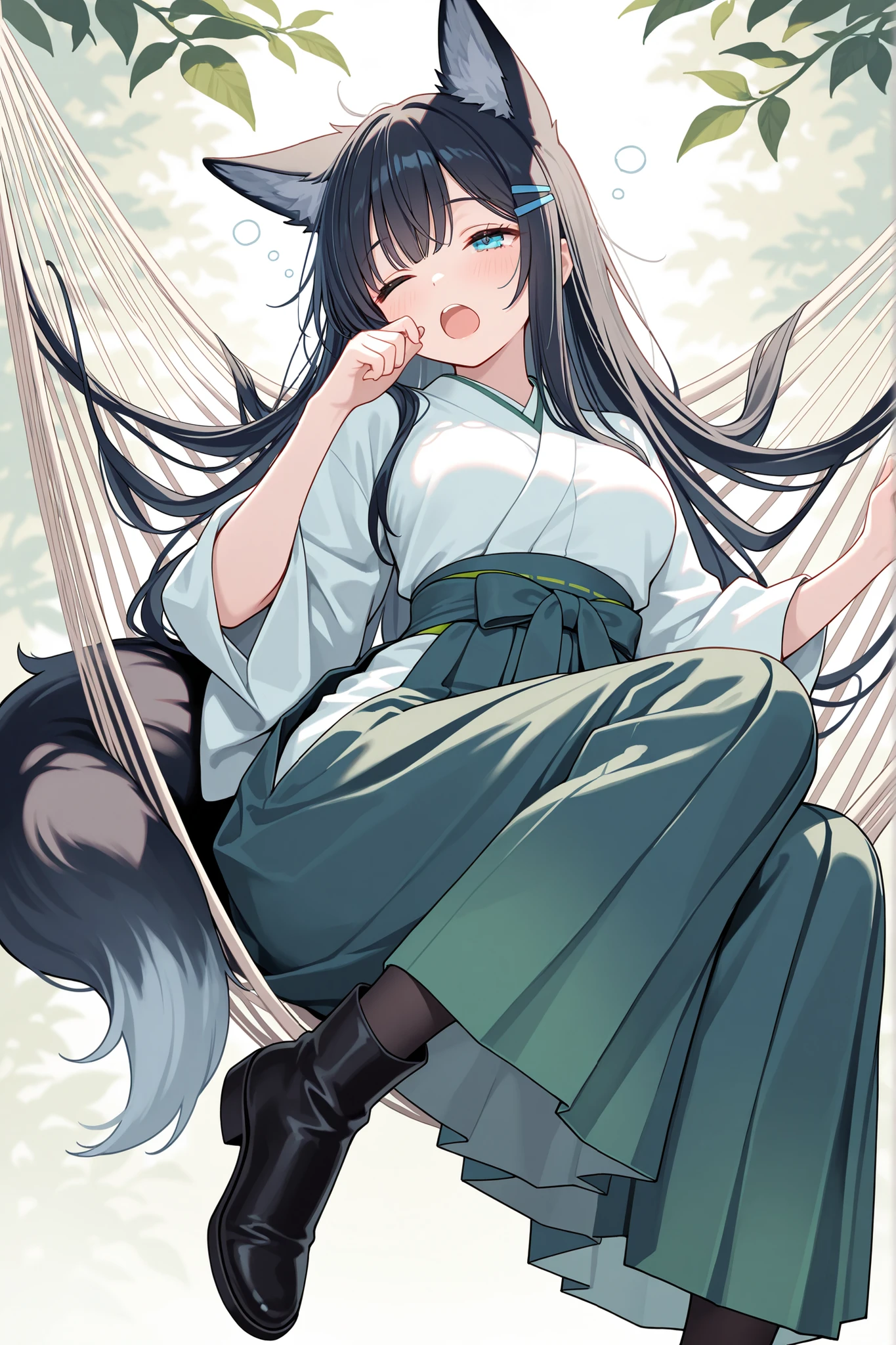 Masterpiece, best quality, High definition, high detailed, pastel-toned background , pale color ,pastel theme, solo, fox ears widow with black long hair and tail,blue hairpins, wearing a green and white hakama,pantyhose, japanese mikoshi, shy, little blush, eyes are cast downwards. medium breasts,long boots,lying in hammock,sleepy,Yawn
thin waist,
Background:under fresh green forest and sky,hammock, Dappled sunlight