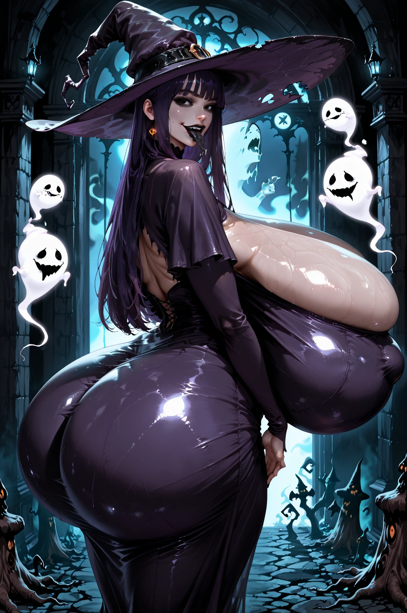 Thin waist, gigantic boobs, topless, huge and round ass, thick thighs, thigh highs, black thigh highs, embarrassed expression