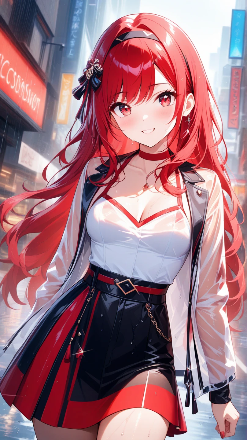 One girl, High school, red hair, red eyes, high , Busty, human, full body