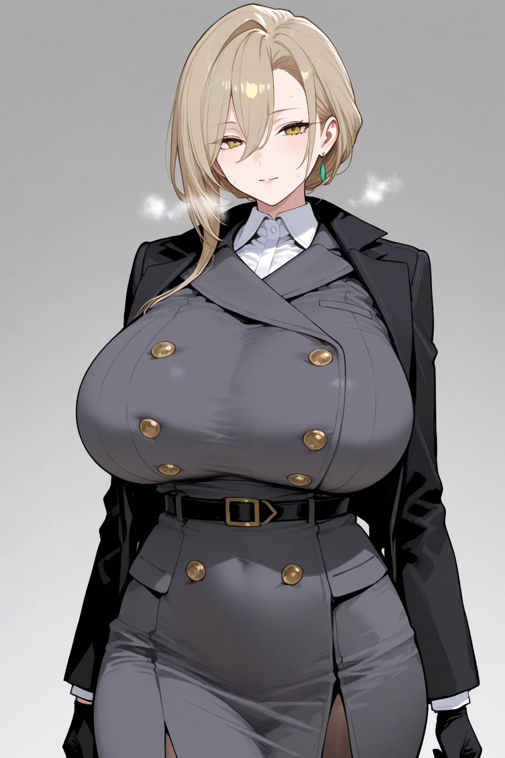 A beautiful woman with long blonde hair, kawaii facial features, partially covered eyes with long bangs, large breasts, blue slanted eyes, (Using a closed brown coat, Elegant coat model covered with buttons attached coat style model (Double breasted trench) soft smile against a white background, her right eye visible and eye color yellow, Elegant wearing a black t-shirt wearing a long, tight black skirt,