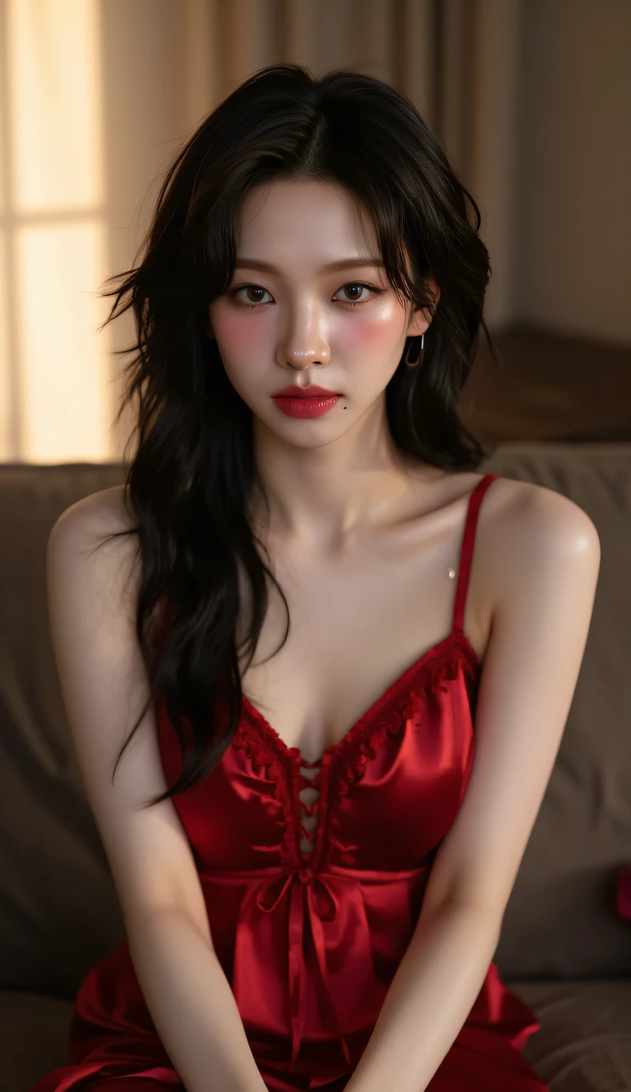 Close-up, (neon, night view, Dutch angle, from above, strapless: 1.3), masterpiece, top quality, raw photo, photorealistic, off-shoulder, red lace dress, red choker, reddish-purple eyes, up, upper body, cleavage, face light, shiny skin, film grain, chromatic aberration, absurdity, high resolution, ultra detail, detail, detailed eyes and face, sharp pupils, realistic pupils, sharp focus, sexy inviting pose, crotch open