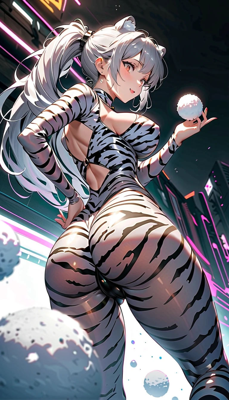 1girl, large breasts, wide hips, dark-skinned female, dark skin, white hair, yellow eyes, tiger print, tiger ears, highleg, highleg bikini, micro bikini, tiger tail, smile, smirk, smug, bar, thighhighs, full_body, ((full body)), standing, neon, neon trim, futuristic, science-fiction