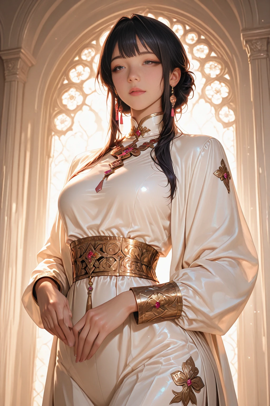 Alafi wears white and gold clothing,There is a pink flower on it, detailed digital anime art, detailed anime art, detailed anime artwork, 8k high quality detailed art, intricate ornate anime cgi style, beautiful armor, sliver ice color reflected armor, anime art wallpaper 4k, anime art wallpaper 4 k, stunning armor, detailed key anime art, anime fantasy artwork