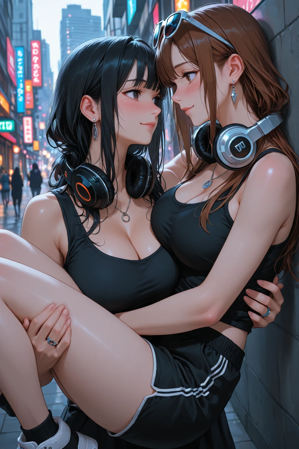 super sonic , ((two hot girls hugging on bed)), (8K, super high resolution, highest quality, masterpiece: 1.2), (realistic: 1.4), Super detailed, professional lighting, full color, (27 year old Japanese girl), body, black hair, bangs, bob cut, Detailed cute face and eyes, white skin, ((huge breasts)), extremely awesome detailed, embarrassing, cheeks and cheeks, half open mouth, Pink camisole, Low - Angle, stick, Two girls stand side by side and crawl on all fours, enchanting eyes, blush, (((smile))), two different expressions, Eyes prone to downcast, (dim lighting), A hand inviting a hug,