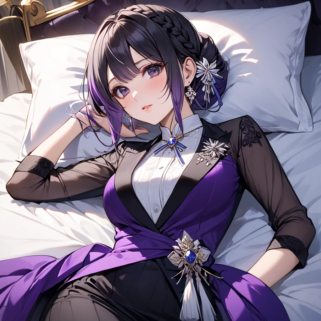 Black Chinese Dress、Huge , Purple eyes , Purple Hair , Lay down on the bed