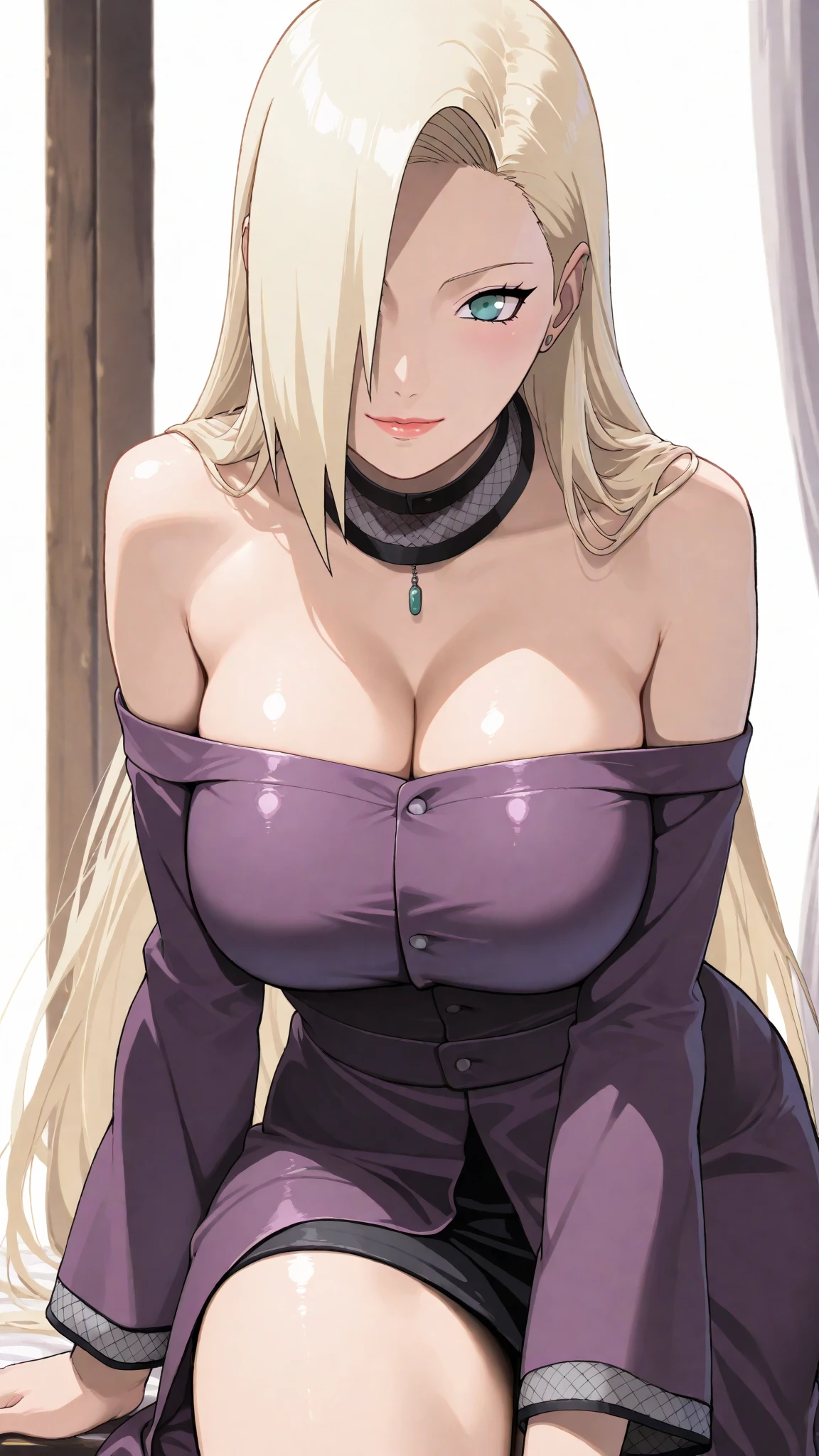 Naruto a beautiful girl character tsunade with a white shirt a little open with big breasts tied to a rope on a chair with her hands tied behind the chair 
