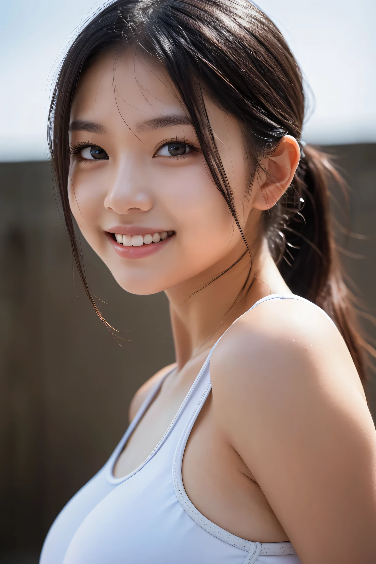 Best Quality, masutepiece, 超A high resolution, Photorealistic, shores, sand beach, 1girl in, 14years, Smile, Flushed cheeks, ((Naked)), ((Complete flu form)), ((large erect :1.3)), (((bulging areol, big areolae))), ((Small micro bikini in thin fabric)), (Colossal tits), (realisitic:1.3), (from waist up), ((​masterpiece, top-quality、high-detail)), (Photorealsitic:1.4), ((light skinned:1.1)), ((poneyTail:1.4)), (Mole on the chest), A dark-haired, Big eyes, Distinct double eyelids, Put your ears out, Open lips, Tongue licking, seductiv, Absolute area, ((Face Close-up)), Attractive proportions, Slim abdomen, Cute navel, wetbody:1.2, glowy skin, The face of the golden ratio, face perfect, top-quality, ​masterpiece,kawaii faces, dual, A smile、kawaii faces、超A high resolution, film grains, filmg, natural skin textures, realistic eyes and face details, Perfect tooth alignment, Perfect eyes and perfect mouth, bangss, Cinematic lighting, sticking out of the bikini:1.8, (The swimsuit is digging into the female genitalia:1.3), de pele branca