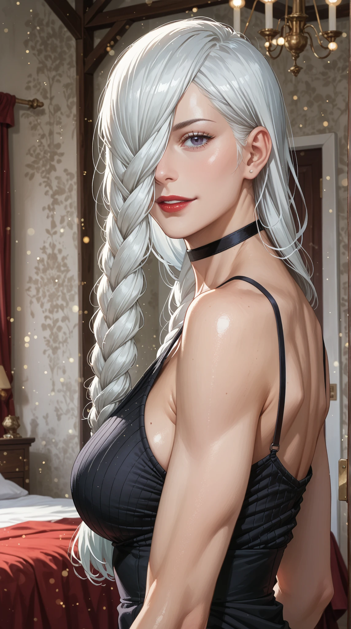score_9, score_8_up, score_7_up, score_6_up, score_5_up, score_4_up, mei mei , blue eyes, white hair braid, large breasts,  necklace,big oversized hoops earrings ,red lipstick , detailed eyes ,pants , saggy breasts ,black ornate ancient dress, in an ornate dress, confident expression, (long hair in waves like smoke:0.85), detailed 16k sf intricate artwork masterpiece, ominous matte painting movie poster, , makeup, 