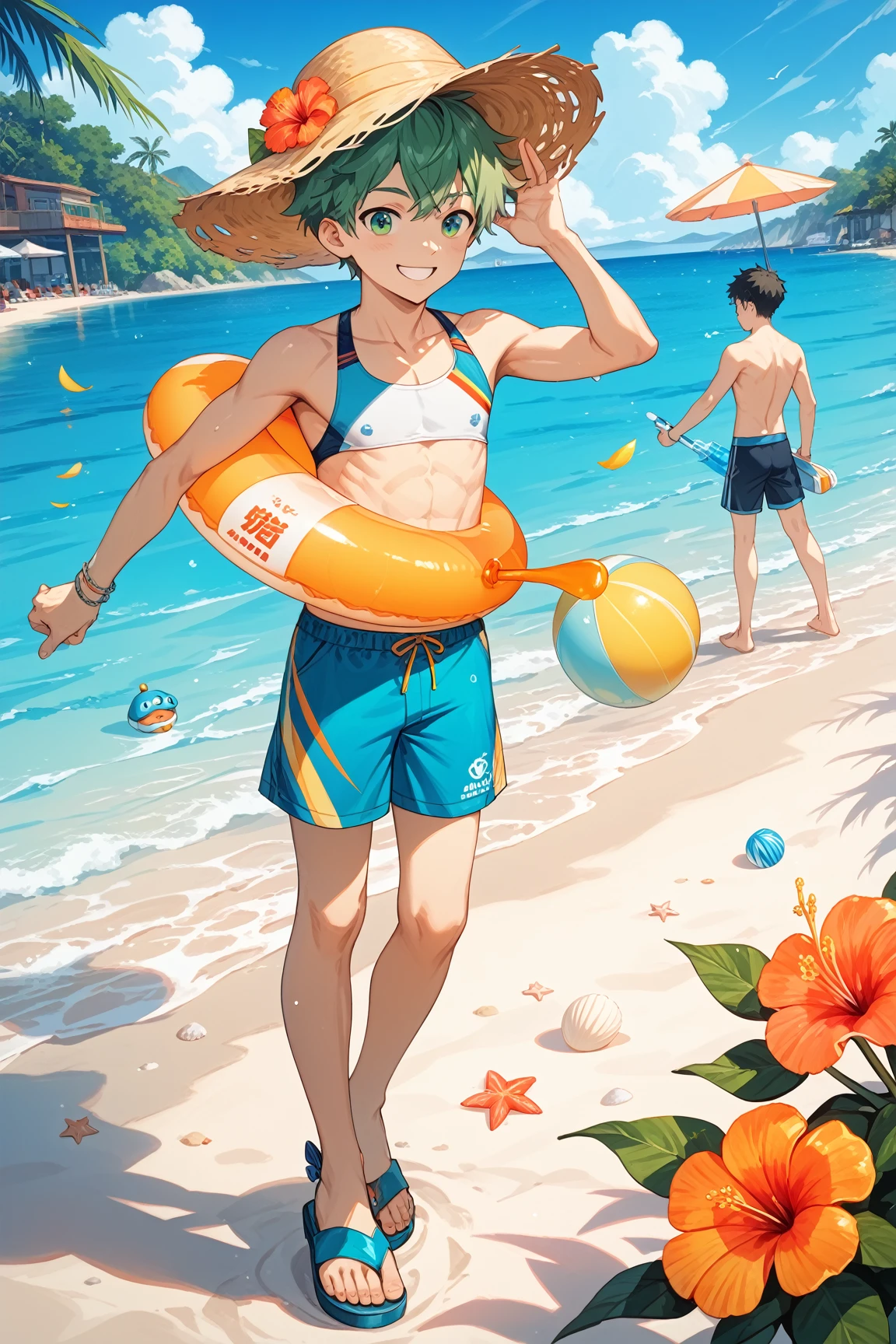 (Highest quality), (Super detailed), two beautiful boys、Charm、Little Boy、Shota、More than one person、Playing in the sea、Swim trunks、smile、Beach ball、Flirting、Love love、Boys Love