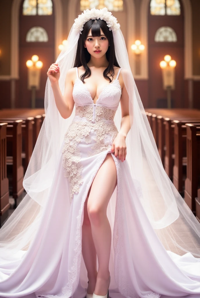 Sugihara anri, ((solo)), alone, bride, was naked, horny, happy, ((forehead to show)), standing, entering the church, dark hair, long hair, delicate, young, long hair, detailed face, high definition, ((full body)), (flowers around her), full body, she is a beautiful woman getting married, face with high quality, beautiful, radiant, big breasts, nipple erect, visible pubic area, visible crotch