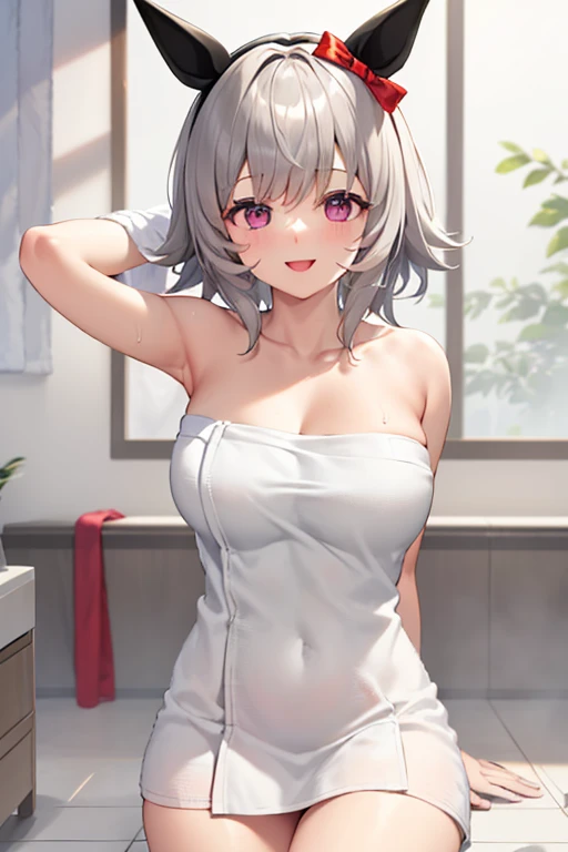 masterpiece, best quality, AliceKV4, 1girl, solo, looking at viewer, smile, parody, anime coloring, ((upper body)), big breasts, room, bed, indoors, nude, towel, bath, bathroom, navel, towel bath
