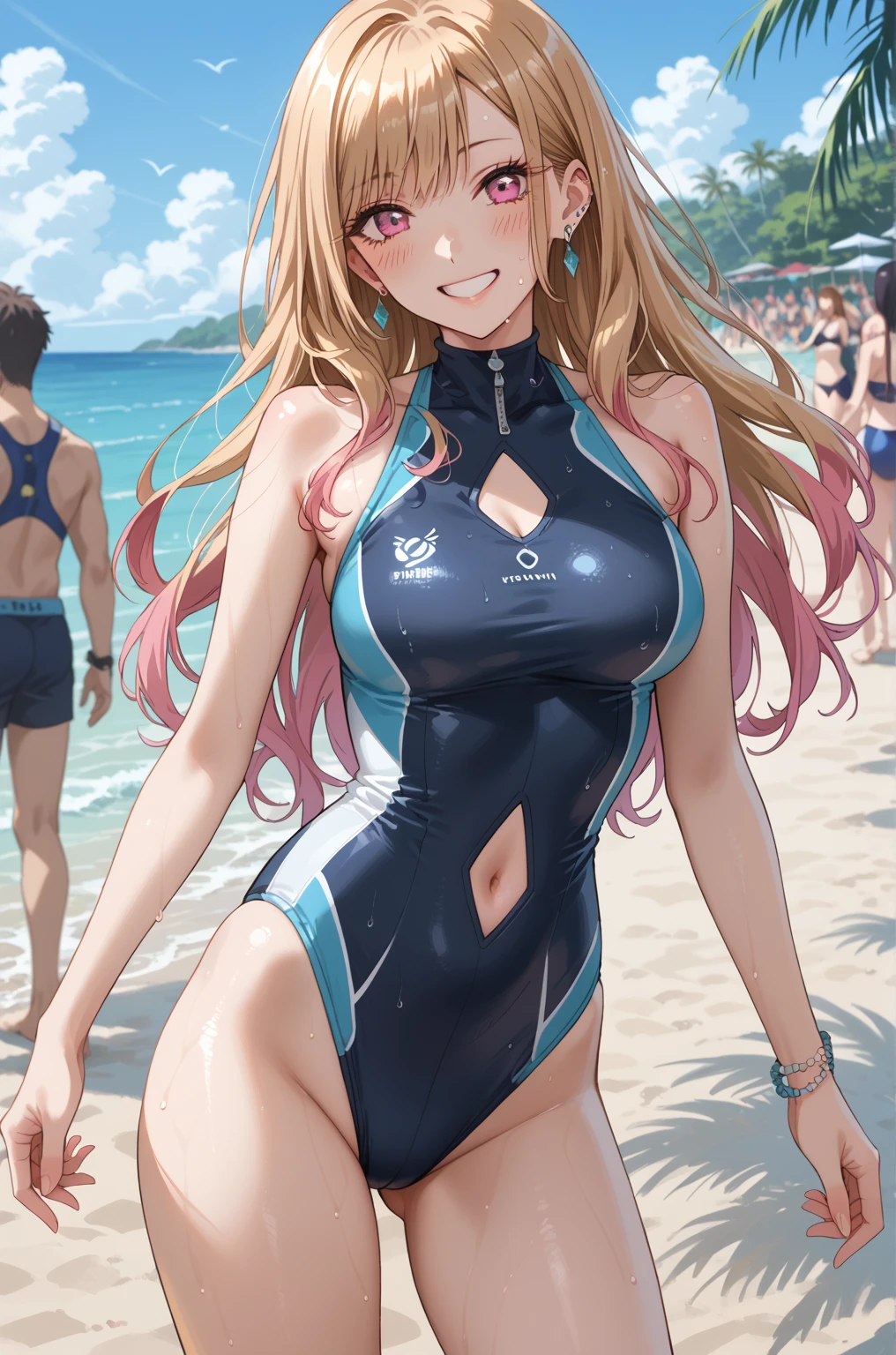 Beautiful woman, long hair, brown hair, pink eyes, smiling, large breasts, gold and black wetsuit, standing, on wooden dock