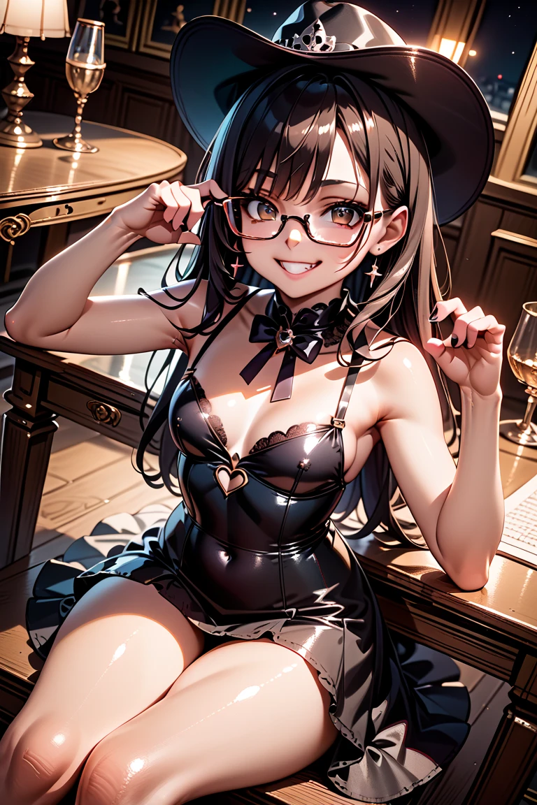 realistic, photorealistic, colorful, great lighting, ultra-detailed, dynamic angle, masterpiece,(solo:1.1), perfect face, (bright lighting:1.2),beautiful detailed eyes, extremely detailed face, perfect lighting,masterpiece, best quality, solo, {hair (darkbrown), (long hair), (2 ponytails)}, glasses, ribbon bows, classroom, sofa, darkbrown bunny costume, stockings, frills, high-heeled shoes, sweaty, wet body, navel out, thighs out, buttocks, large breast, slim, slender, translucent, Embarrassed expression, blush,