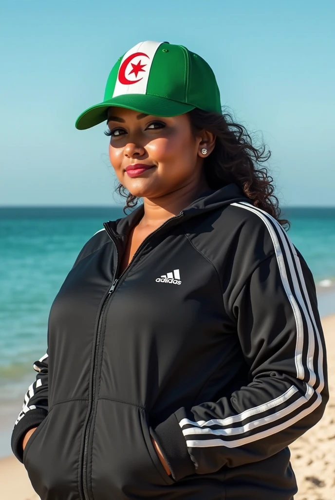 A fat woman, wearing a white Nike baseball cap and an Algerian flag on her shoulders, sits in the passenger seat of a car.. She is looking directly into the camera, wearing a white shirt..