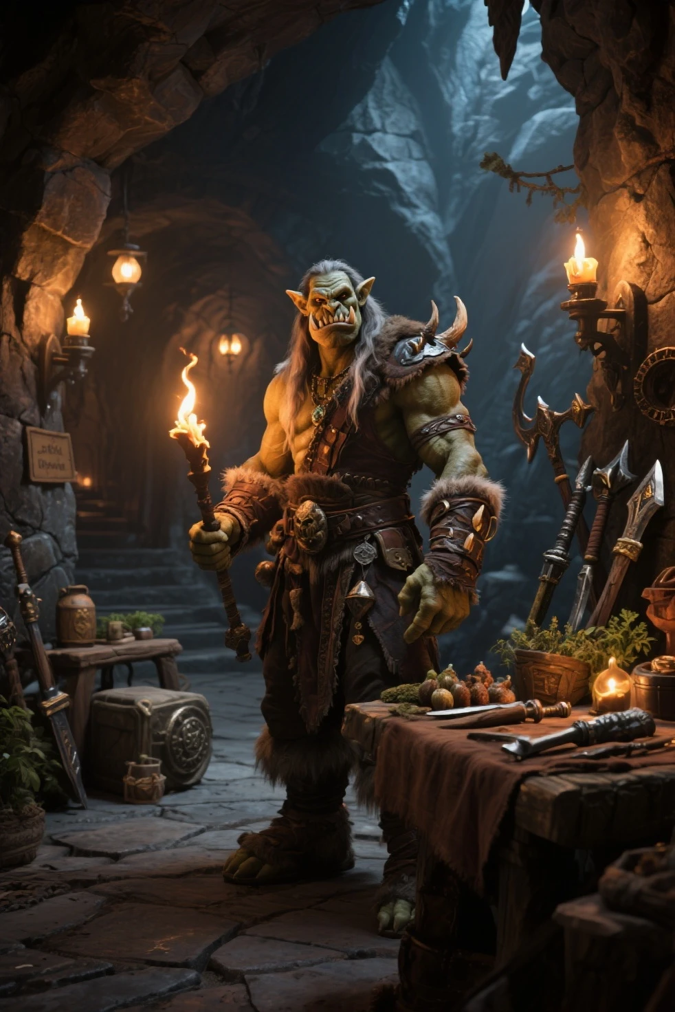 (medium full shot) of (fierce orc) young,   berserker, wearing Hide armor vest, leather leggings, furred gloves, spiked sandals, holding wielding war cleaver, set in the orcish lands, in  Shaman's tent with mystical symbols, hanging charms, smoke from burning herbs, shelves filled with potions, a central altar for rituals , ,Masterpiece,best quality, raw photo, realistic, very aesthetic