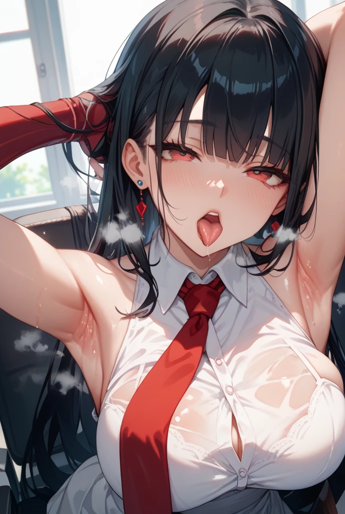 Dark hair, eyes closed, orgasm, mouth open, cleavage, blush, facing front, upper body, steam
