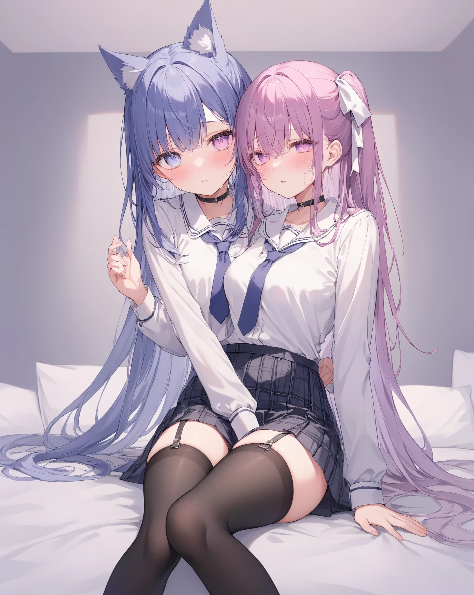 (masterpiece, sidelighting, finely detailed beautiful eyes: 1.2),

view and eye_contact, DarkMagenta streaked quad_tails style and Green ribbed eye of girl wearing mouth_veil and lace-trimmed mixture of BlueViolet and FloralWhite of china_dress  or wearing DeepPink of long_skirt, print of turtleneck and sombrero or wearing cow ears and strawberry_earrings , hugging_own_legs, reloading or hug, roaring, bathing,