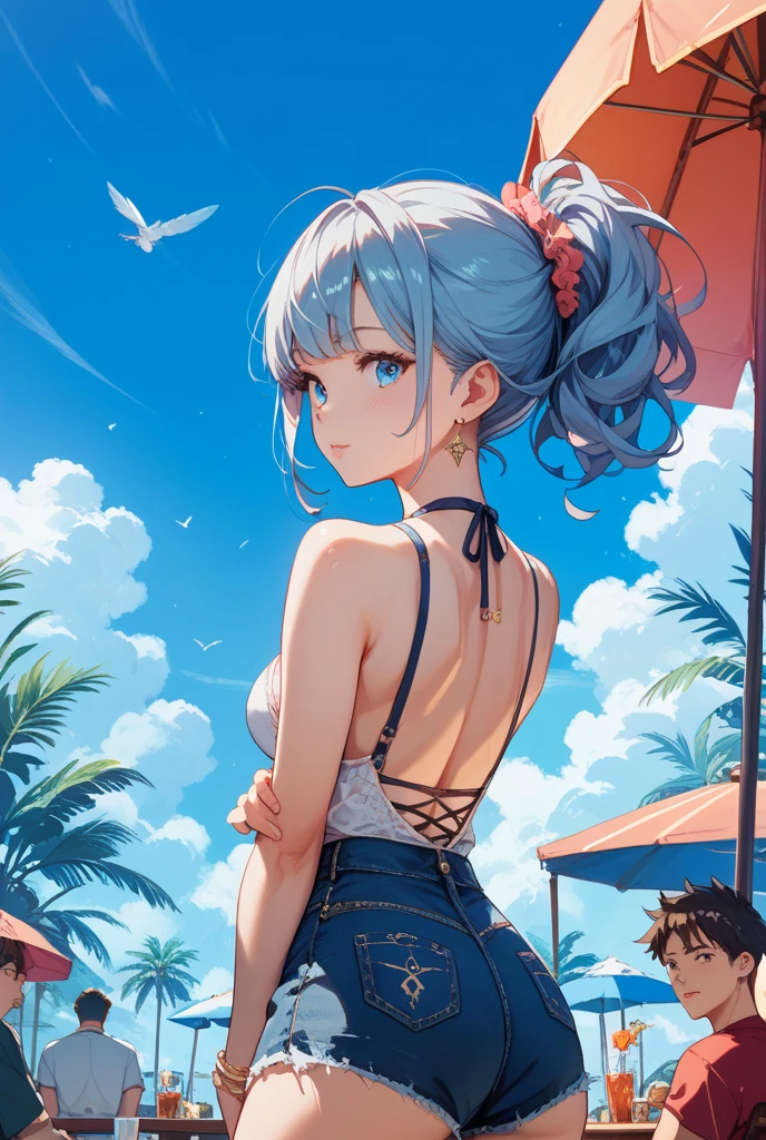(Vulgar,nsfw),silver blue hair,((butts and back focus,looking back)),
(skirt lift,very windy),(beautiful elegant white panties),very low angle,from below),((masterpiece, highest resolution,best quality)), (beautiful illustration), ((Kamisato Ayaka in Genshin Impact)), ((semi long beautiful silver blue hair,blunt bangs,pony tail,beautiful blue eyes)),(solo),(beautiful elegant office blouse and black skirt,skirt lifted by the wind),(looking at the viewer), (walking around the beach,),
(innocent smile, Embarrassed),(white over-kneehighs,Lace chalker, wristband, fingerless gloves, over-kneehighs,
Lace chalker, diamond necklace,wristband, fingerless gloves, earrings), (cinematic lighting, very windy),beach, sand, blue sky, waves, coconut tree,fish,boat,sea gull,(from the ground),(beautiful elegant Underwear patterns),