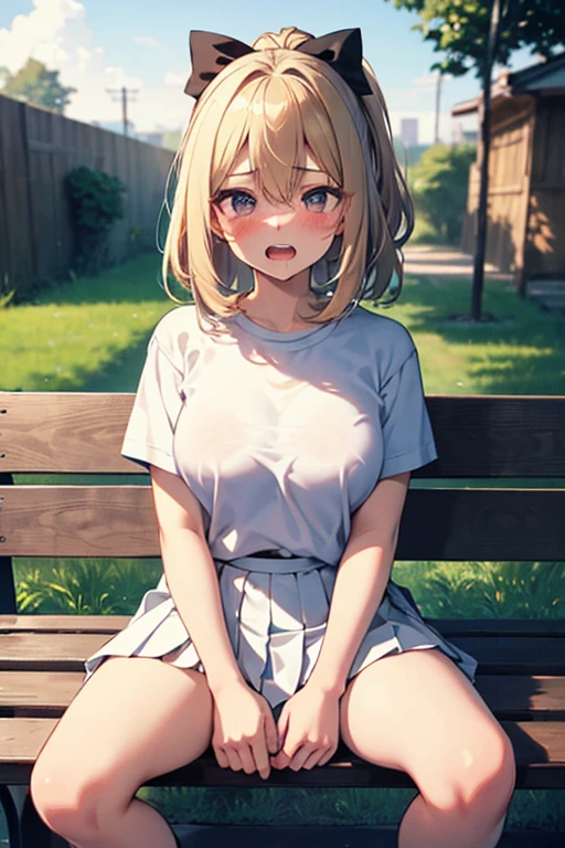 best quality,1girl,,curvy,((orgasm,blush:1.3)),angry,sweat,Sakurai Momoka,blonde hair, short hair, ((white tank top,pink skirt,mini skirt,lift skirt,upskirt,kneehighs,white panties,lace panties:1.1)),((walking:1.1)),forest,forest林,crotchAngle,head out of frame,lower body,have to pee,covering crotch,(((hand between legs))),knees together feet apart,