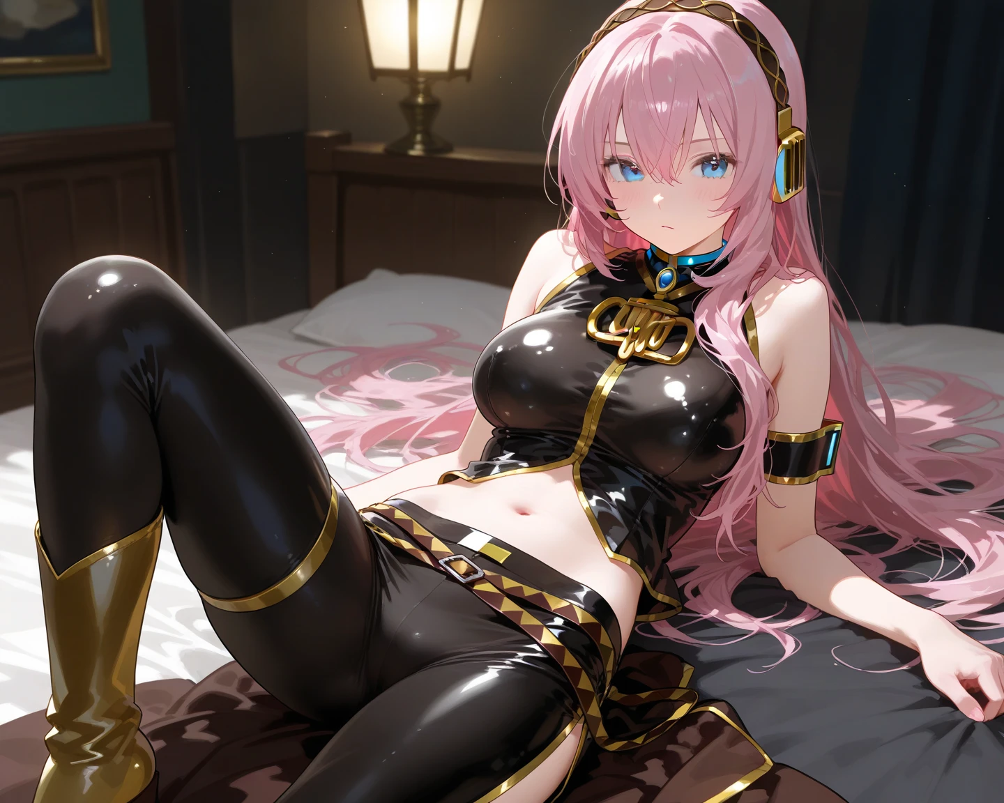 (gorgeous dress), (half-undressed), Megurine Luka, pink hair, photorealistic, slender body, (seductive anime girl), beautiful style, beautiful attractive anime woman, (full body), smile, (sitting on sofa, lying on her back, legs open), masterpiece portrait, 3D face, (glowing blue eyes), live stage, ecchi anime style, ( Detailed skin texture, detailed cloth texture, detailed hair texture), (beautiful detailed face, supermodel, pale skin, realistic glowing skin),